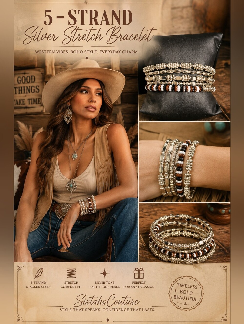 ✨ 5-Strand Silver Stretch Bracelet Stack | Earth-Tone Beaded Layered | Boho Chic